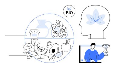 Meyve, sebze ve konserveler de dahil olmak üzere çeşitli organik gıda ürünleri, biyolojik etiketleme ve sağlıklı yaşam tarzı seçimleri için ikonlar. Beslenme, sağlık, sürdürülebilirlik, markalaşma ve eğitim için ideal