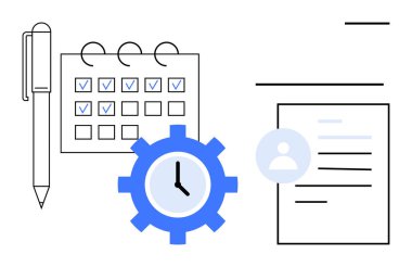 İşaretli görevler, saat, kalem ve zaman yönetimi, planlama ve üretkenliği vurgulayan belge içeren takvim. Zamanlama, iş akışı, organizasyon verimliliği iş-yaşam dengesi için ideal