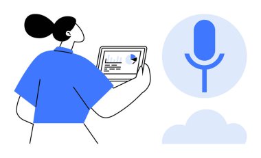 Tablet ekranını veri tablosu, mikrofon simgesi, ses verisini, konuşma tanımayı ve bulut hesaplamasını sembolize eden bir kadın. İletişim için ideal, yapay zeka, teknoloji, analiz yeniliği