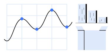Veri noktalarını gösteren çizgi grafiği, histogram taşıma dağılımları ve içgörüyü sembolize eden açık kutu. Ticari büyüme, istatistik, strateji, yenilik, eğitim ve analitik için ideal