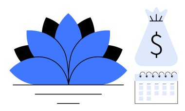 Para çantası ve takvim de dahil olmak üzere finansal temalı mavi nilüfer çiçeği motifi, zenginlik planlamasını, tasarruf stratejilerini ve refahı temsil ediyor. Finans, zamanlama, bütçe ve başarı için ideal