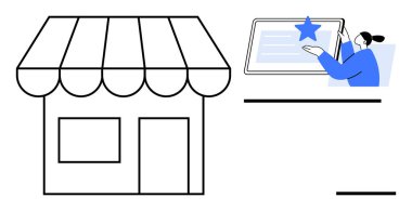 Küçük mağaza cephesi, bir tablette olumlu yorumlar sunan kişi ile eşleştirildi. E-ticaret, müşteri memnuniyeti, küçük işletmeler, pazarlama, çevrimiçi itibar, perakende satış, basit daire