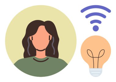 Kulaklık takan kadın, kablosuz bağlantı sembolü ve fikirleri, yaratıcılığı ve teknolojiyi temsil eden ampul. Yenilik, bağlantı, ses, öğrenme güçlendirme beyin fırtınası için ideal