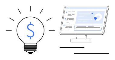 Finansal verileri ve analizleri gösteren bir masaüstü ekranının yanında dolar işareti olan ampul. Yenilik, finans, iş stratejisi, yaratıcılık, teknoloji, üretkenlik, modern veriler için ideal