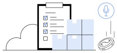 İşaretli ögeler, istiflenmiş nakliye kutuları, bulut sembolü, mikrofon simgesi ve lojistik, organizasyon, bulut deposu, ses komutu, çevrimiçi ödeme ekommersi içeren para kontrol listesi