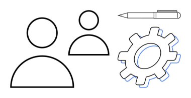 İki kullanıcı figürü işbirliğini simgeler, bir dişli ayarları veya iş akışını simgeler ve bir kalem iletişim veya planlama önerir. Takım çalışması, üretkenlik, iş akışı, planlama, organizasyon için ideal