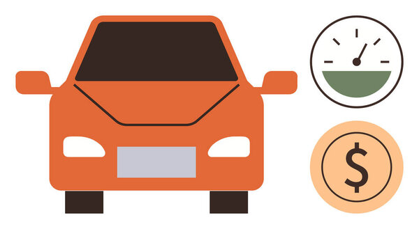 Оранжевый цвет передней части автомобиля с датчиком расхода топлива и знаком доллара, символизирующим экономию топлива, эффективность автомобиля, экономию, транспортные расходы, экологичность. Идеально подходит для финансов, транспорта
