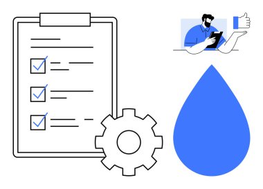 Kontrol işaretli pano kontrol listesi, işlem verimliliği için teçhizat sürdürülebilirliği sembolize eden su damlası, kullanıcı onayı. Üretim, organizasyon, planlama, iş akışı, çevre için ideal