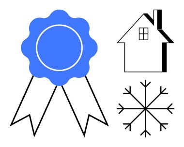 Ödül kurdelesi, ev ve kar tanesi elementleri kaliteyi, evi ve kış kavramlarını vurguluyor. Ev bakımı, çevre dostu yaşam, ödüller, enerji verimliliği gayrimenkul için ideal.