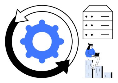 Otomasyonu sembolize eden dairesel oklar içinde vites, depolama için veri sunucusu, dizüstü bilgisayarlı bloklardaki kişi. Otomasyon, dijital iş akışı, yenilik, veri işleme, takım çalışması, verimlilik için ideal
