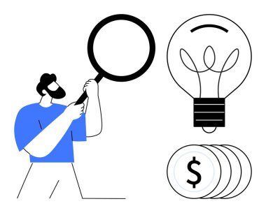 Elinde büyüteç tutan kişi ampul ve sikke olarak tasvir edilen fikirleri keşfediyor. Yaratıcılık, yenilik, araştırma, analiz, finans, girişimcilik keşif temaları için idealdir. Minimalist daire