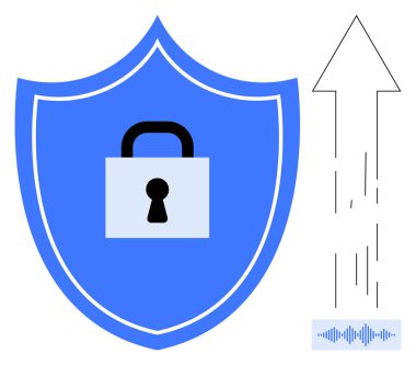 Veri transferi koruması için yukarı ok ve ses dalgalarını sembolize eden asma kilidi olan kalkanlar. Siber güvenlik, gizlilik, şifreleme, veri güvenliği, güvenli transfer, çevrimiçi koruma için ideal