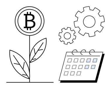 Bitcoin madeni para, vites ve takvimin yanında bitki olarak filizlenir. Finans, kripto para birimi, blok zinciri, yatırım, planlama, yenilik ve ekonomik büyüme kavramları için idealdir. Basit bir düz metafor.