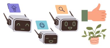 Gülümseyen, fikir yayan robotlar, arama, dünya ikonları, el sallayan başparmaklar ve saksı bitkisi. Teknoloji için ideal, sürdürülebilirlik yeniliği Al-çevre dostu takım çalışması eğitimi. Düz basit
