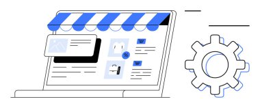 Ayarlar için mağaza vitrinleri, ürün kartları ve vites simgesiyle çevrimiçi mağaza arayüzünü gösteren dizüstü bilgisayar. E-ticaret, özelleştirme, kullanıcı arayüzü, dijital iş, pazarlama için ideal