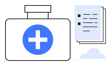 Tıbbi haçlı ilk yardım çantası, listeli belgeler ve sağlık kayıtlarını, planlamayı, dijital depolamayı ve bulut teknolojisini sembolize eden bulut öğesi. Sağlık ve acil servis için ideal