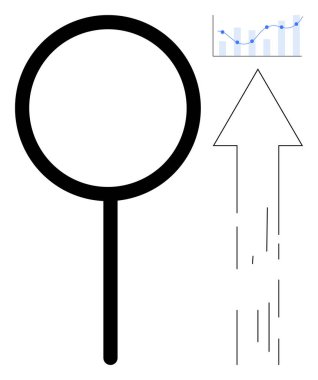 Yukarı ok ve çubuk grafikli büyüteç araştırma, veri eğilimleri, başarı ve anlayışı vurguluyor. Araştırma, büyüme, ilerleme, analiz, üretkenlik stratejisi için ideal
