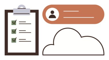 Kontrol listeli pano, kullanıcı profili kartı, bulut grafiği. Görev yönetimi, verimlilik, organizasyon, bulut depolama, işbirliği, modern iş akışı için idealdir. Basit düz metafor