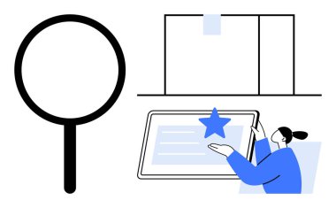 Büyüteç, paket ve figür tablet ile denetim, geri bildirim ve kalite kontrolü vurgulanıyor. Arama, dağıtım, analiz, müşteri anketi e-ticaret lojistik dairesi için ideal