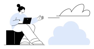 Bir blokta oturan bir kadın dizüstü bilgisayarla çalışıyor ve bulut grafiklerine el sallıyor. Takım çalışması, uzaktan kumanda, teknoloji, bulut hesaplama, işbirliği, beyin fırtınası yeniliği için ideal. En az düz metafor