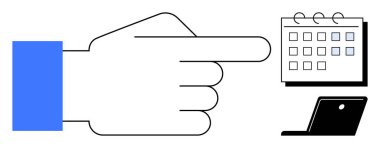 Dizüstü bilgisayarın yanında işaretlenmiş tarihleri olan bir takvime el işareti. Planlama, organizasyon, programlama, hatırlatıcılar, verimlilik, işyeri işleri, zaman yönetimi için idealdir. Basit düz metafor