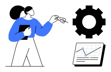 Tabletli bir kadın takım çalışmasını, analizi ve verimliliği sembolize ediyor. İş için ideal, planlama, istatistik, yönetim, problem çözme, strateji basit düz metafor