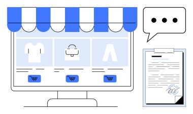 Masaüstü ekranında giysi, aksesuar ve alışveriş arabası düğmeleri var. Konuşma balonu geri bildirim iletir, pano düzen ya da anlaşma önerir. E-ticaret için ideal.