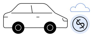 Çemberde dolar işareti olan siyah beyaz araba, maliyet analizi, çevre dostu ulaşım, araç finansmanı, otomotiv sigortası, tasarruf, teknoloji, basit düz metafor.