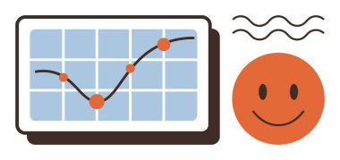Büyüme eğilimli çizgi grafiği ve turuncu mutlu yüz ve dalga izlerinin yanında işaretlenmiş noktalar. Analiz, ilerleme, başarı, pozitiflik, motivasyon, büyüme ve geri bildirim için ideal. Basit.