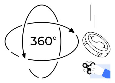 360 derecelik hareket, oklar, dönen bir para ve el hareketleriyle görselleştirildi. Fizik, hareket, dinamik, enerji, mekanik yaratıcılık için ideal. Basit düz metafor