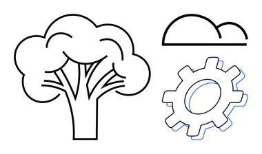 Ağaç, bulut ve dişli simgeleri doğa, endüstri ve sürdürülebilirlik arasındaki dengeyi sembolize eder. Çevre, enerji, eko endüstrisi yenilikleri için ideal sinerji temalarını dengeler. Basit düz metafor