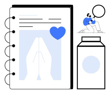 Dua jesti ve kalp ikonu içeren bir defter aç. Büyüteci ve süt kutusuyla düşün. Maneviyat, minnettarlık, farkındalık, anlam arayışı, sağlık, minimalizm için ideal