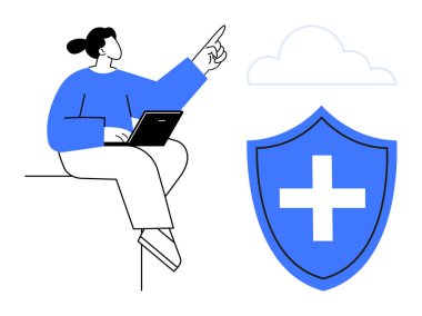 Yanında haç sembolü olan bir kalkan ikonu olan bir buluta doğru dizüstü bilgisayar işaretleri kullanan kişi. Siber güvenlik, veri koruması, bulut hesaplaması, çevrimiçi sağlık, güvenlik, modern teknoloji için ideal