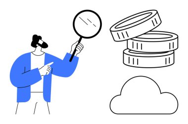 Kümelenmiş madeni paraları ve bulutları araştıran, ekonomiyi, yatırımı, bulut hesaplamasını, finansal analizleri, teknolojiyi, veri depolamayı, basit düz metaforu temsil eden bireysel büyüteç.