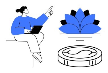 Dizüstü bilgisayarla oturan bireyler, büyüme fikirlerini işaret ediyorlar. Lotus çiçeği farkındalık taşır. Madeni para maddi fırsatları ima eder. Yenilik, başarı, denge, büyüme ve finans için ideal