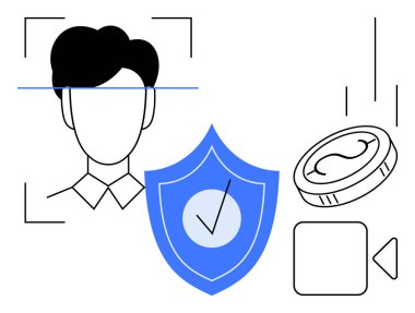 Yüz taraması, işaretli mavi güvenlik kalkanı, düşen para, kayıt simgesi. Gizlilik için ideal, biyometri, teknoloji, siber güvenlik dijital kimlik çevrimiçi güvenlik. Basit düz metafor