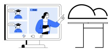 Eğitmen, mezuniyet şapkalarına katılan uzaktan kumandalı öğrencilerle ekranda. Elementler arasında bir bulut ve masa var. Eğitim, e-öğrenim, iletişim, eğitim, uzak çalışma, akademik