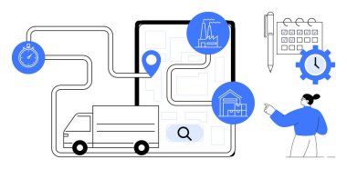 Teslimat noktaları, fabrika, depo, kronometre, takvim, saat ve planlayıcıyla haritalı bir rotada ilerliyoruz. Lojistik için ideal, planlama verimlilik zamanı yönetim tedarik zinciri dağıtımı