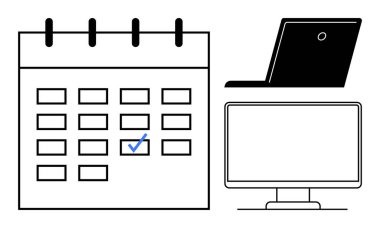 İşaretli tarihli bir takvim ve organizasyonel araçları sembolize eden bir dizüstü bilgisayar monitörü. Zaman yönetimi, uzak çalışma, proje planlaması, son teslim tarihi ve verimlilik için ideal