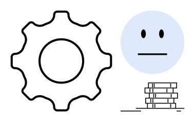 Üretkenlik, duygu ve eğitim kavramlarını gösteren vites, nötr yüz ve kitap yığını. Teknoloji, duygu analizi, bilgi paylaşımı, sistem düşünme süreci için ideal