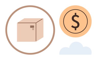 Kahverengi dairenin içinde kutu, turuncu dairede dolar işareti, gri bulut. E-ticaret, dağıtım hizmetleri, finansal işlemler, lojistik, bulut depolama küresel ticaret sektörü için idealdir. Basit düz