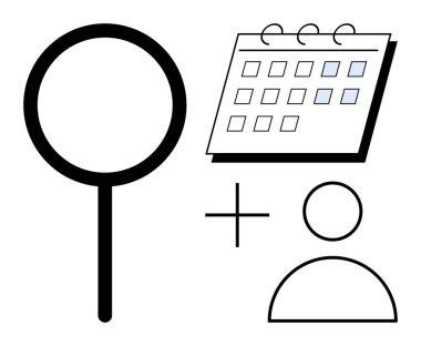 Büyüteç, işaretli tarihli takvim, kullanıcı çizgisi ve artı işareti. Basit düz metaforu izlemek için zamanlama, kullanıcı yönetimi, planlama, araştırma, görev organizasyonu verileri için ideal