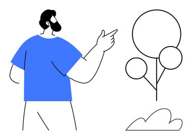 Adamın biri dairesel yapraklı ve bulutlu sadeleştirilmiş ağaca temiz minimalist bir şekilde işaret ediyor. Rehberlik için ideal, çevre kavramı, doğa odaklanma, liderlik, basitlik, açık hava temaları, temiz