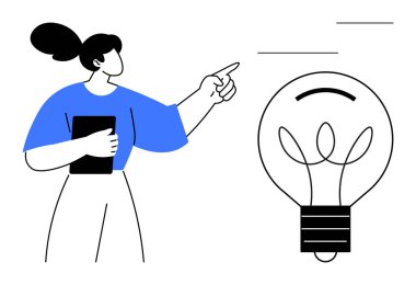 Elinde tablet tutan ve büyük bir ampulü işaret eden kadın yaratıcılığı, yeniliği ve beyin fırtınasını simgeliyor. Tasarım, eğitim, takım çalışması, problem çözme, ilham yaratıcılığı için ideal