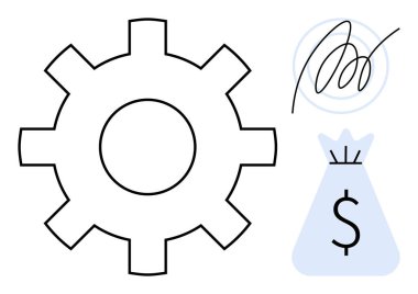 İşlemleri temsil eden vites sembolü, finansal başarıyı vurgulayan para çantası ve yetki belgesini gösteren imza. İş süreçleri, finans, sözleşmeler, üretkenlik ve ekonomiler için ideal