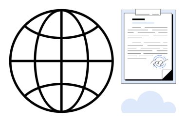Bulut simgesi üzerindeki imzalı sözleşmenin yanındaki soyut dünya, küresel bağlantı, dokümantasyon, e-imza, dijital güvenlik, bulut depolama, iş operasyonları, basit düz metafor