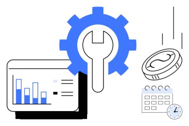 Geliştirmek için ingiliz anahtarı, analitik çizelge, düşen para, saat ve takvim. Üretkenlik, planlama, mali yönetim, verimlilik iş stratejisi optimizasyonu için idealdir.