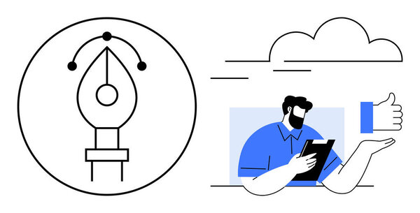 Ручка графический инструмент в круге, человек держит планшет с большим пальцем вверх символ, облака на заднем плане. Идеально подходит для творчества, дизайна, фехтования, одобрения, командной работы, бравурной простой плоской метафоры