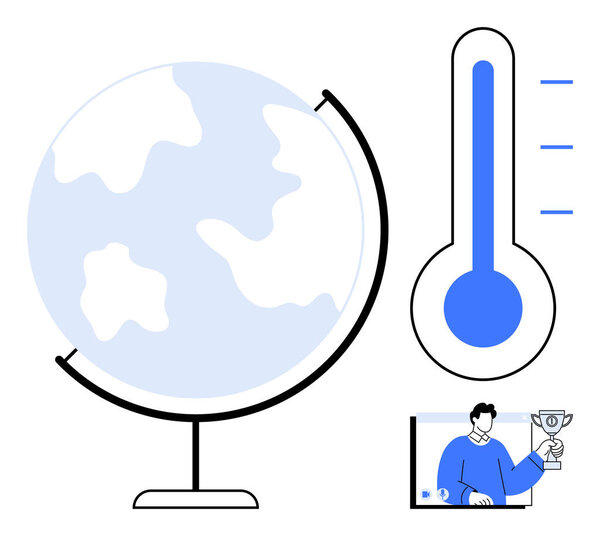 Globe representation with temperature gauge symbolizing climate impact and warming trends person with a trophy embodying achievement. Ideal for environmental education, sustainability, climate