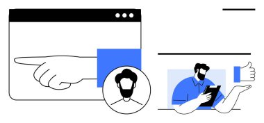 Web arayüzündeki el hareketi profil avatarını işaret ediyor, kullanıcı panoyu tutarken başparmağından geri bildirim alıyor. Kullanıcı etkileşimi, uygulama tasarımı, geribildirim, öğretiler, UI kılavuzları, kişisel